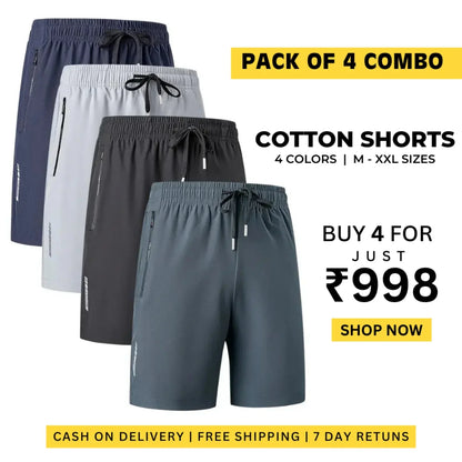 4 Pcs Combo Men's Stretchable Cotton Shorts for Summers 🌞👕